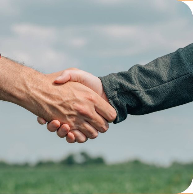 Zwei Personen reichen sich vor einer Wiese die Hand