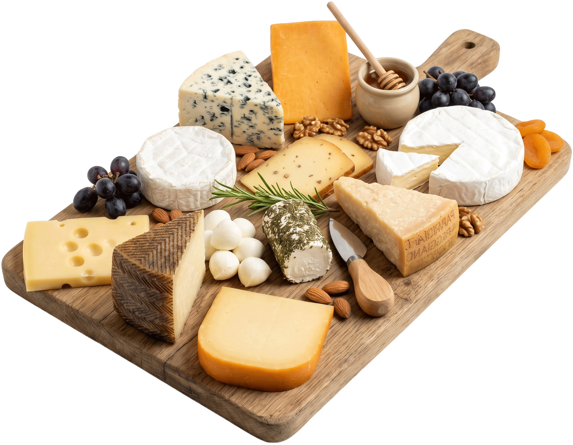 Ein Holzbrett, auf dem sich verschiedene Sorten Käse und zusätzliche Speisen befinden.